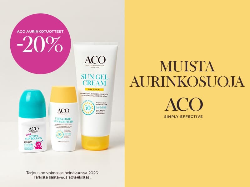 ACO aurinkotuotteet heinäkuussa 2026, tarjous -20 %. Tarjous voimassa heinäkuun ajan. Tarkista saatavuus apteekista.