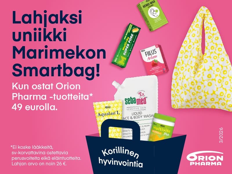 Saat Marimekon Smartbag-lahjakassin ostaessasi Orion Pharma -tuotteita 49 eurolla. Ei koske lääkkeitä, SV-korvattavia perusvoiteita eikä eläintuotteita. Lahjan arvo noin 26 euroa.