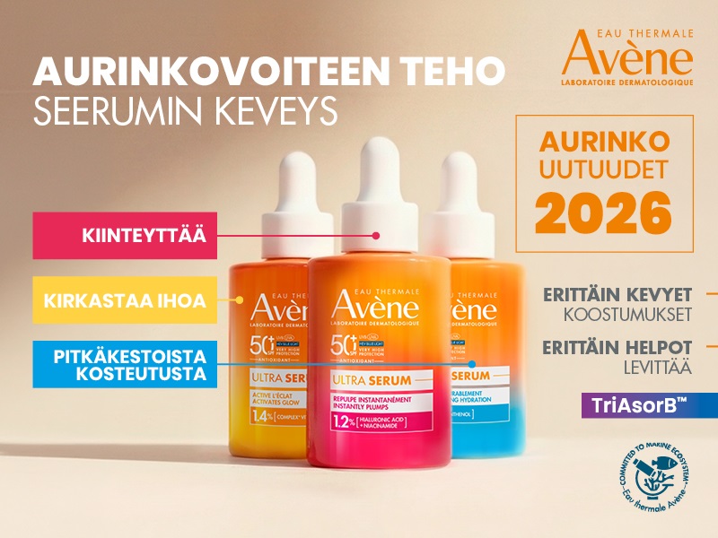 Avène Aurinkouutuudet 2026. Uudet aurinkoseerumit yhdistävät aurinkovoiteen tehon ja seerumin keveyden. Mainoksen mukaan ne kiinteyttävät, kirkastavat ihoa ja tarjoavat pitkäkestoista kosteutusta. Erittäin kevyt koostumus ja helppo levittää.
