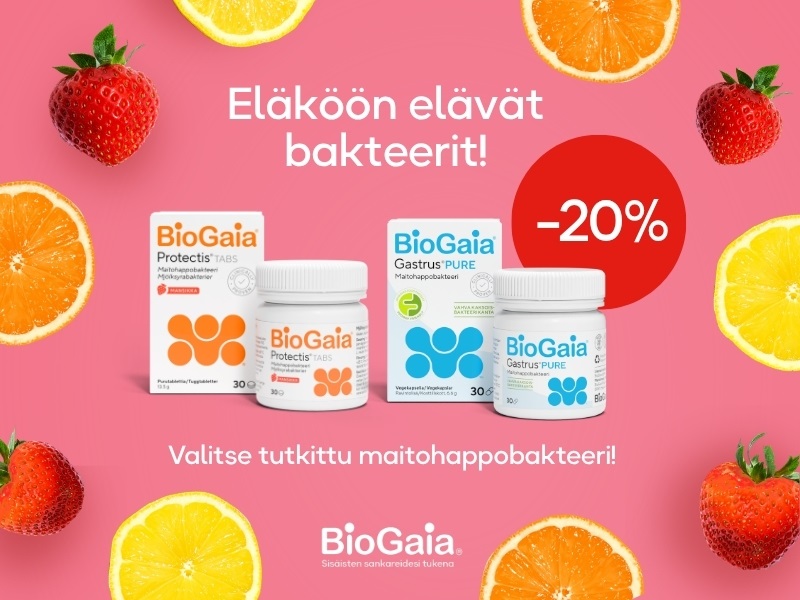 BioGaia Protectis- ja Gastrus-maitohappobakteerivalmisteet -20 %. Valitse tutkittu maitohappobakteeri.