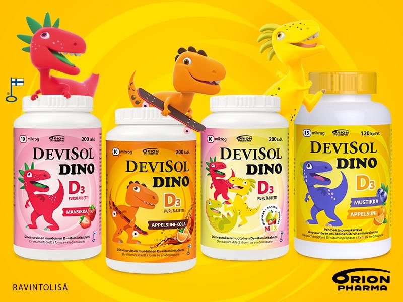 DeviSol Dino D3 -vitamiinivalmisteet lapsille. Saatavana useita makuja ja vahvuuksia. Ravintolisä.