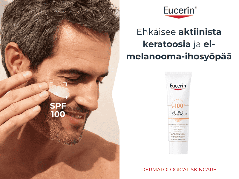 Eucerin Actinic Control SPF 100. Aurinkosuojatuote, joka auttaa ehkäisemään aktiinista keratoosia ja ei-melanooma-ihosyöpää. Dermatologien suosittelema ihonhoitosarja.