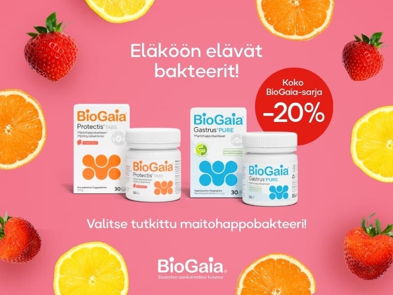 BioGaia-maitohappobakteerivalmisteet -20 %. Koko BioGaia-sarja on tarjouksessa. Valitse tutkittu maitohappobakteeri.