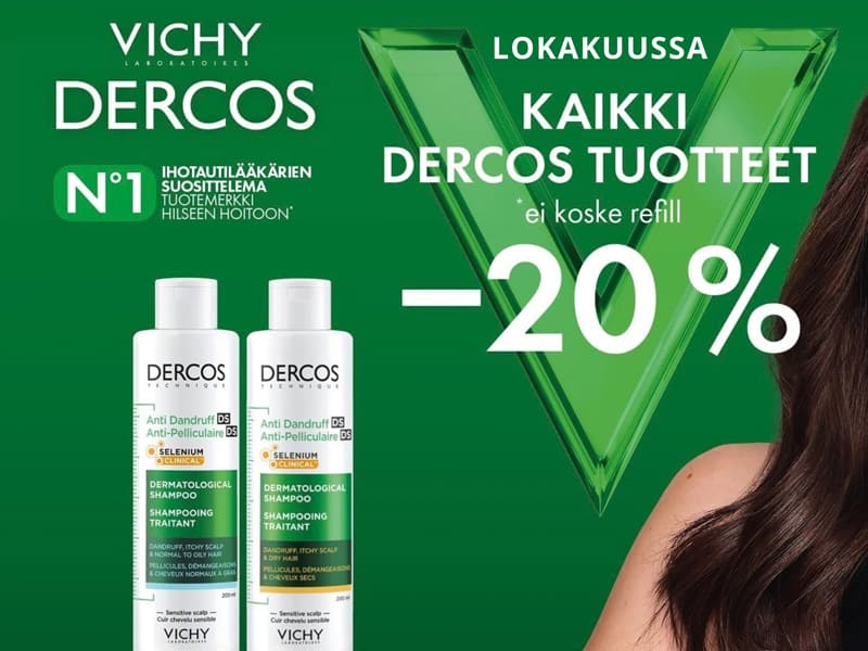 Vichy Dercos -tuotteet -20 % lokakuun ajan. Tarjous ei koske refill-pakkauksia.