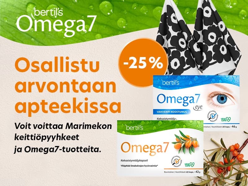 Bertil's Omega 7 -arvonta apteekissa. Osallistumalla voi voittaa Marimekon keittiöpyyhkeitä ja Omega7-tuotteita. Tuotteet ovat -25 % tarjouksessa.