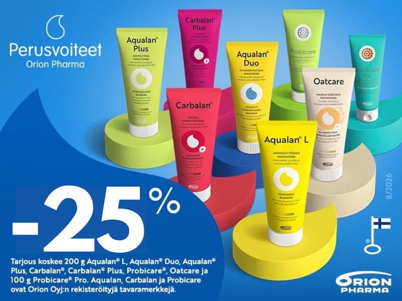 Orion Pharman perusvoiteet -25 %. Tarjous koskee 200 g Aqualan L-, Aqualan Duo-, Aqualan Plus-, Carbalan-, Carbalan Plus-, Probicare- ja Otcare-tuotteita sekä 100 g Probicare Pro -tuotetta.