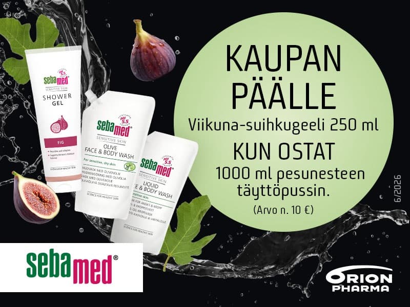 Sebamed: Viikuna-suihkugeeli 250 ml kaupan päälle, kun ostat 1000 ml pesunesteen täyttöpussin. Lahjan arvo noin 10 euroa.