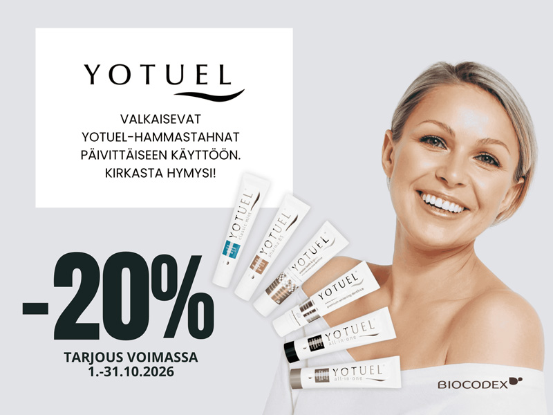 Yotuel-valkaisevat hammastahnat -20 %. Tarjous voimassa 1.–31.10.2026. Hammastahnat on tarkoitettu päivittäiseen käyttöön ja hampaiden kirkastamiseen.